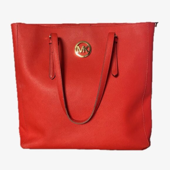 Michael Kors Womens Red Tote Handbag Side Logo Double Handle